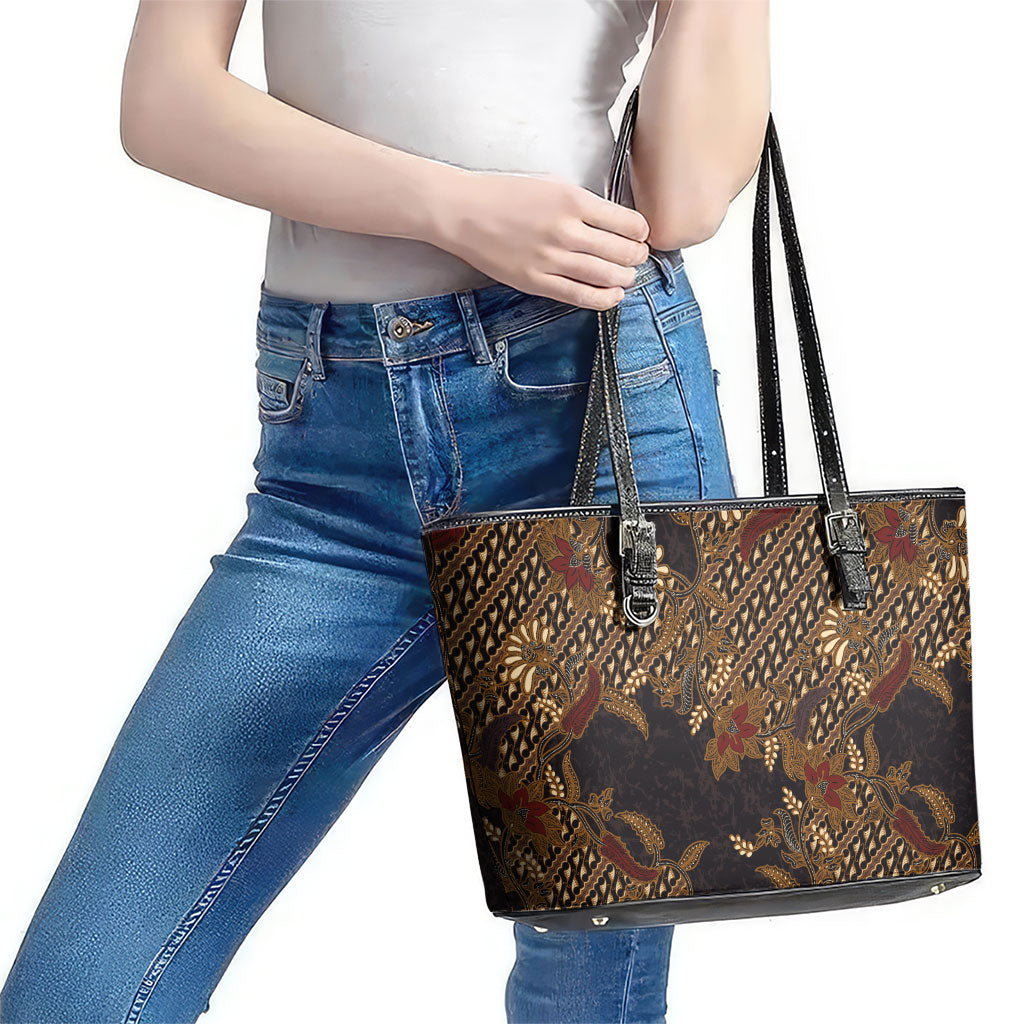 Indonesian Parang Batik Leather Tote Bag Brown Gold Floral Pattern