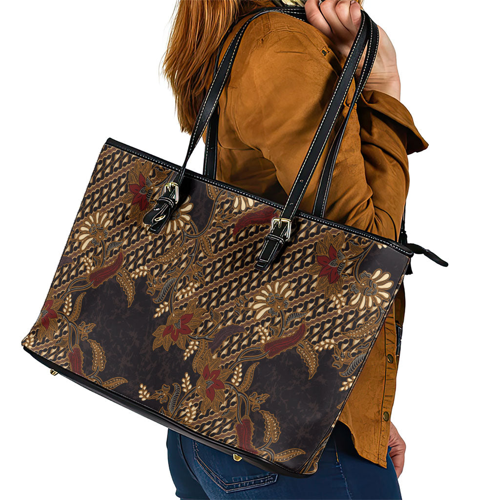 Indonesian Parang Batik Leather Tote Bag Brown Gold Floral Pattern