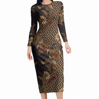 Indonesian Parang Batik Long Sleeve Bodycon Dress Brown Gold Floral Pattern