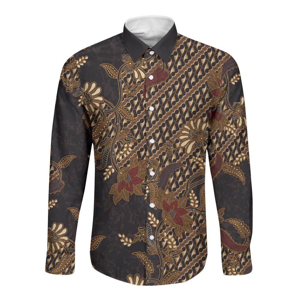 Indonesian Parang Batik Long Sleeve Button Shirt Brown Gold Floral Pattern