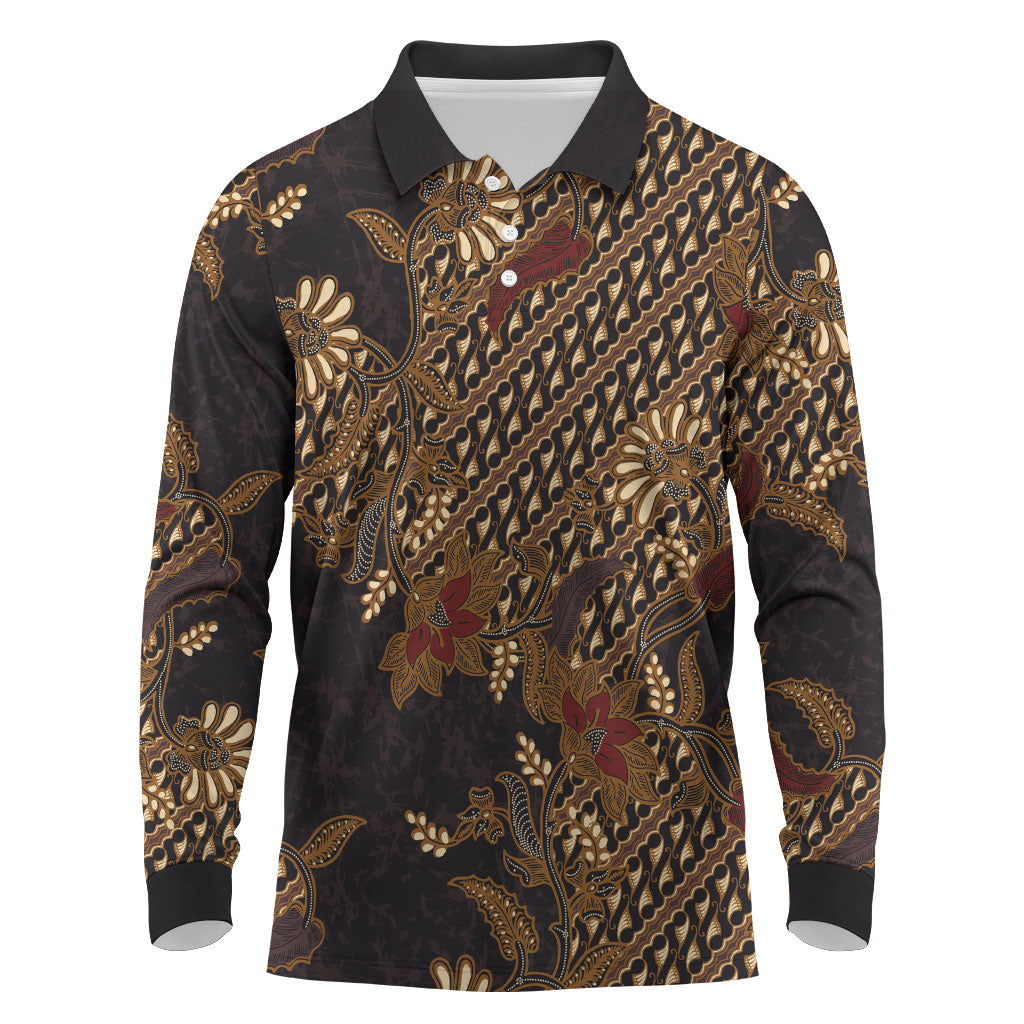 Indonesian Parang Batik Long Sleeve Polo Shirt Brown Gold Floral Pattern