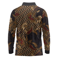Indonesian Parang Batik Long Sleeve Polo Shirt Brown Gold Floral Pattern