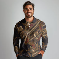 Indonesian Parang Batik Long Sleeve Polo Shirt Brown Gold Floral Pattern