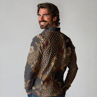 Indonesian Parang Batik Long Sleeve Polo Shirt Brown Gold Floral Pattern