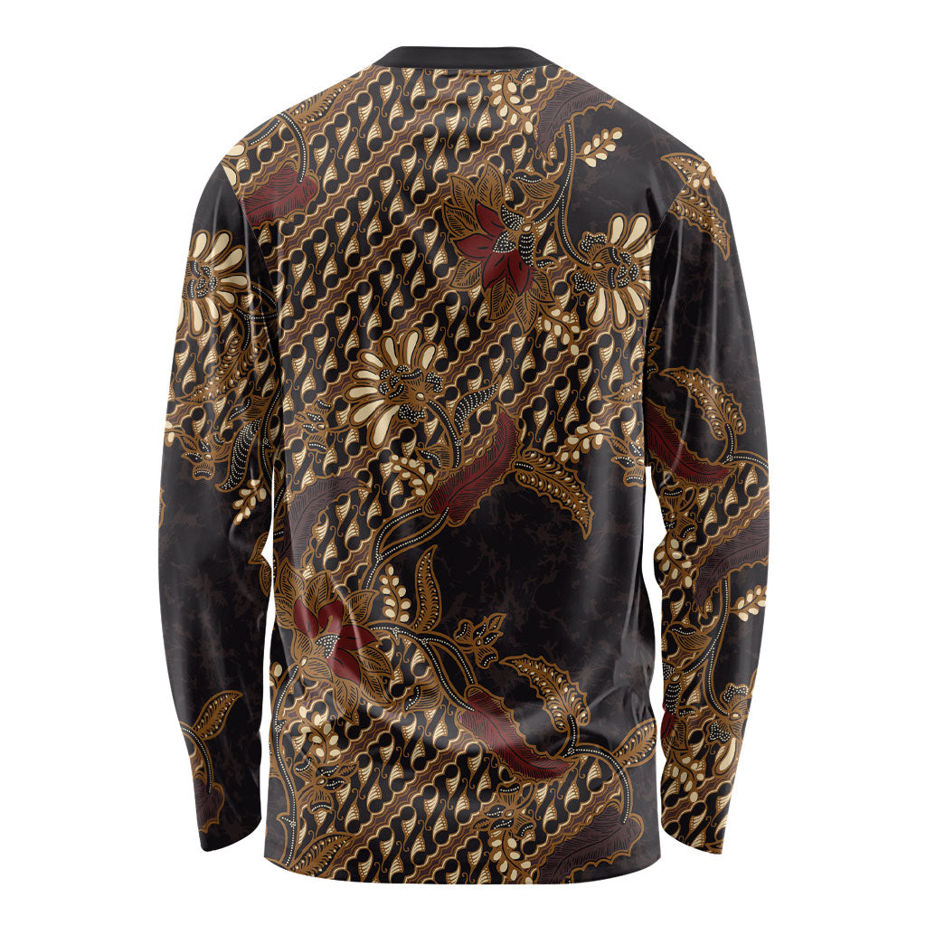 Indonesian Parang Batik Long Sleeve Shirt Brown Gold Floral Pattern