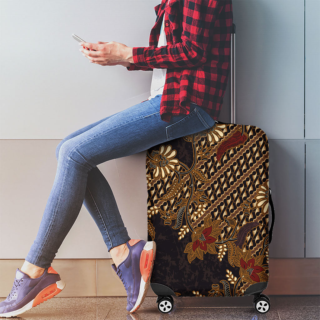 Indonesian Parang Batik Luggage Cover Brown Gold Floral Pattern