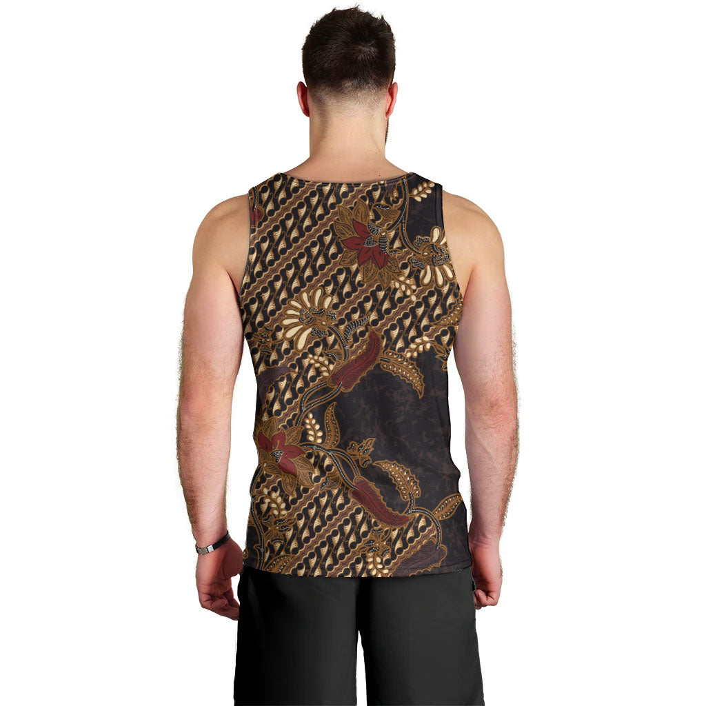 Indonesian Parang Batik Men Tank Top Brown Gold Floral Pattern