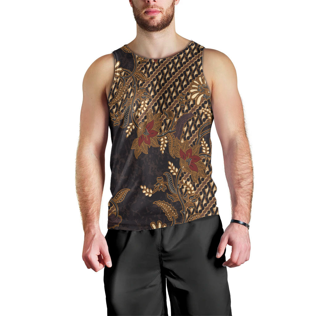Indonesian Parang Batik Men Tank Top Brown Gold Floral Pattern