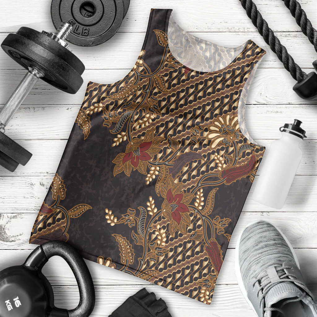 Indonesian Parang Batik Men Tank Top Brown Gold Floral Pattern