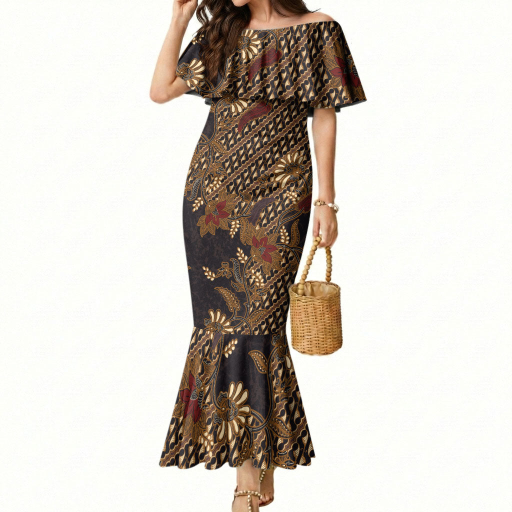 Indonesian Parang Batik Mermaid Dress Brown Gold Floral Pattern