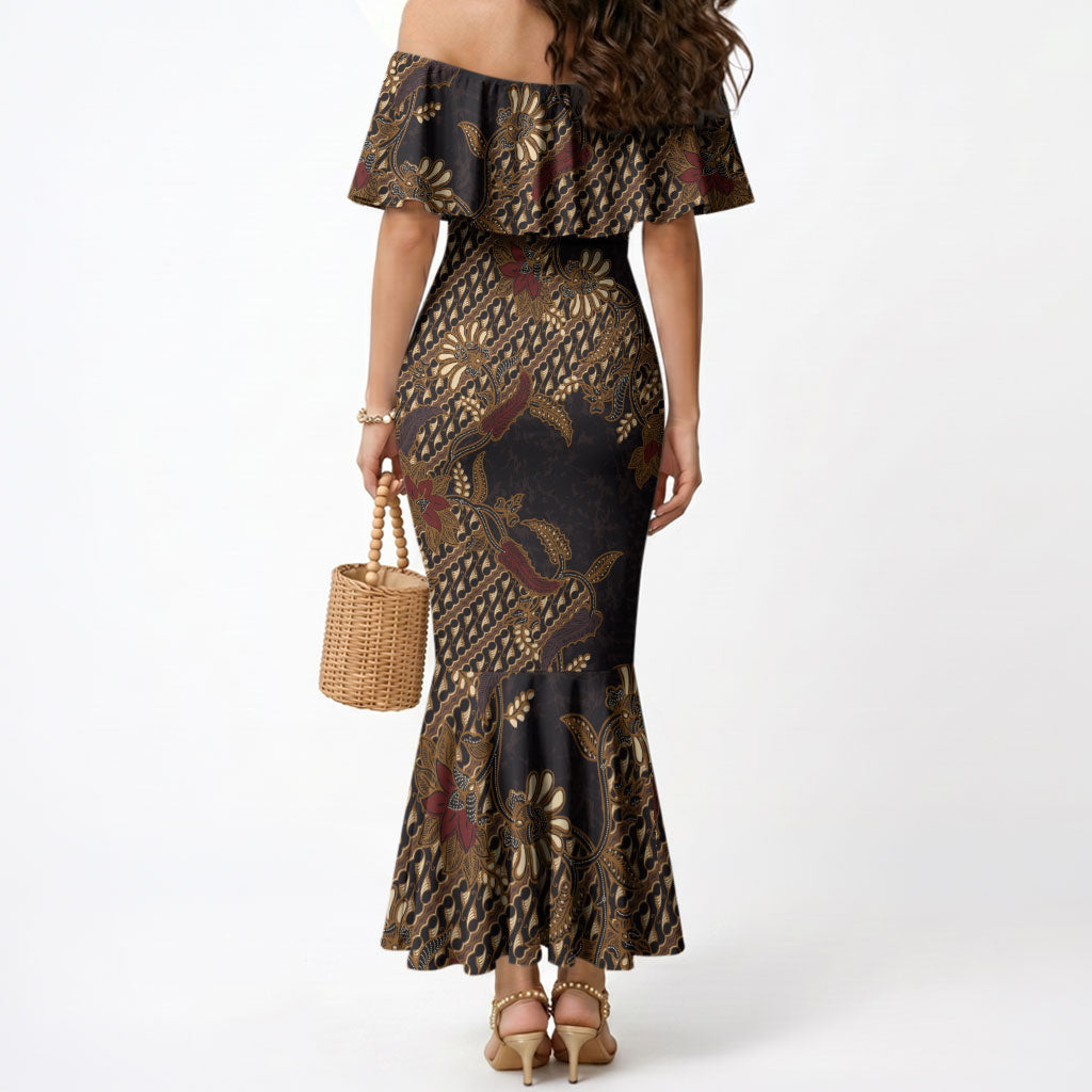 Indonesian Parang Batik Mermaid Dress Brown Gold Floral Pattern