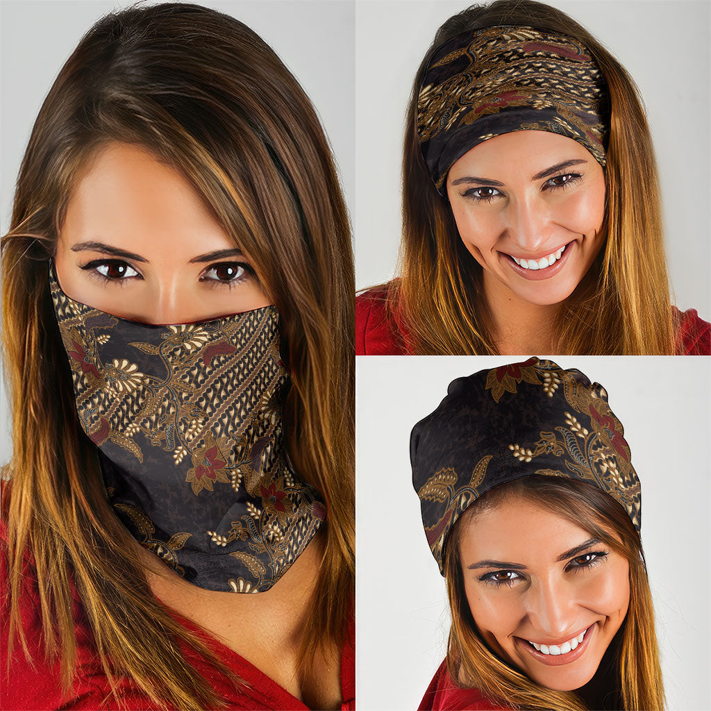 Indonesian Parang Batik Neck Gaiter Brown Gold Floral Pattern
