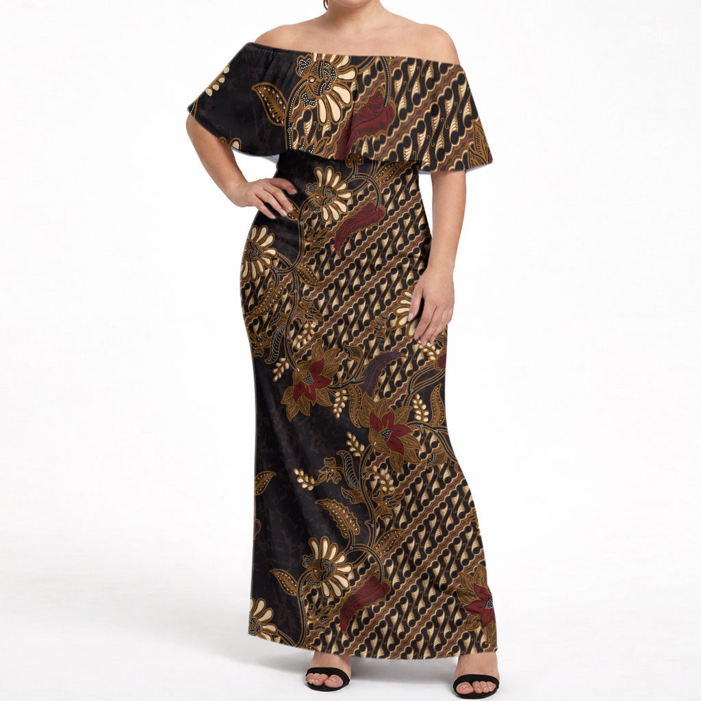 Indonesian Parang Batik Off Shoulder Maxi Dress Brown Gold Floral Pattern