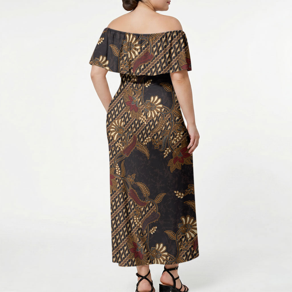 Indonesian Parang Batik Off Shoulder Maxi Dress Brown Gold Floral Pattern