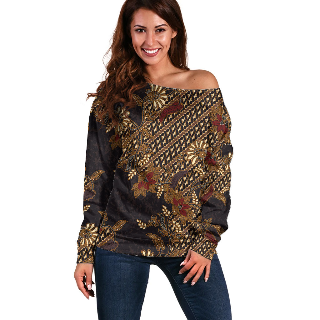 Indonesian Parang Batik Off Shoulder Sweater Brown Gold Floral Pattern