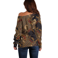Indonesian Parang Batik Off Shoulder Sweater Brown Gold Floral Pattern