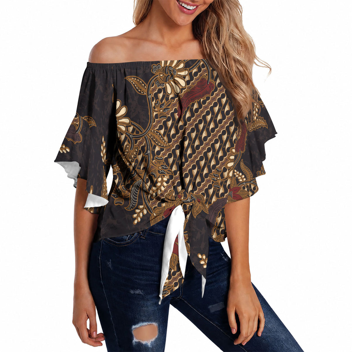 Indonesian Parang Batik Off Shoulder Wrap Waist Top Brown Gold Floral Pattern