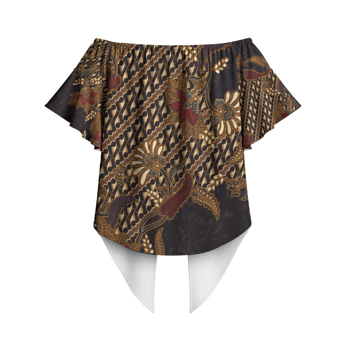 Indonesian Parang Batik Off Shoulder Wrap Waist Top Brown Gold Floral Pattern
