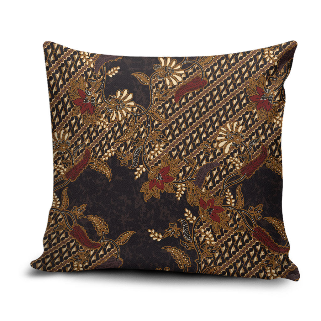 Indonesian Parang Batik Pillow Cover Brown Gold Floral Pattern