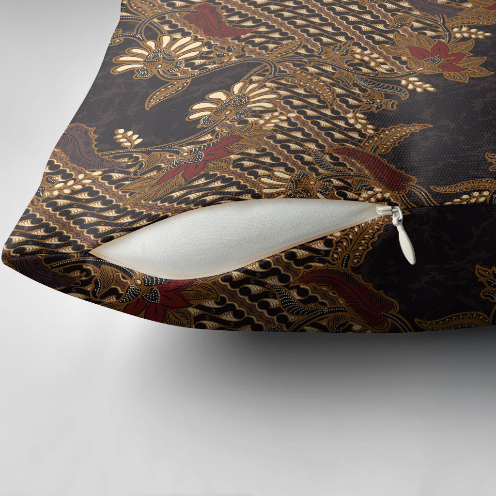 Indonesian Parang Batik Pillow Cover Brown Gold Floral Pattern
