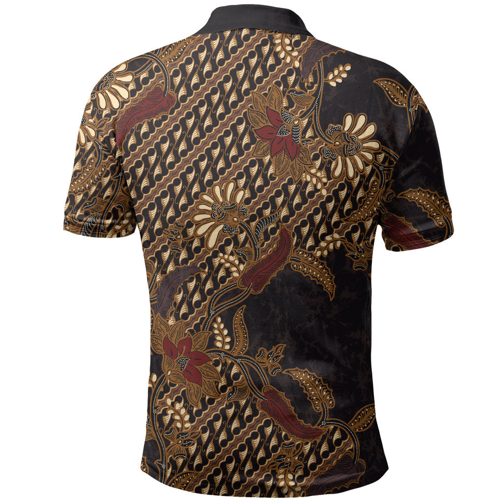 Indonesian Parang Batik Polo Shirt Brown Gold Floral Pattern