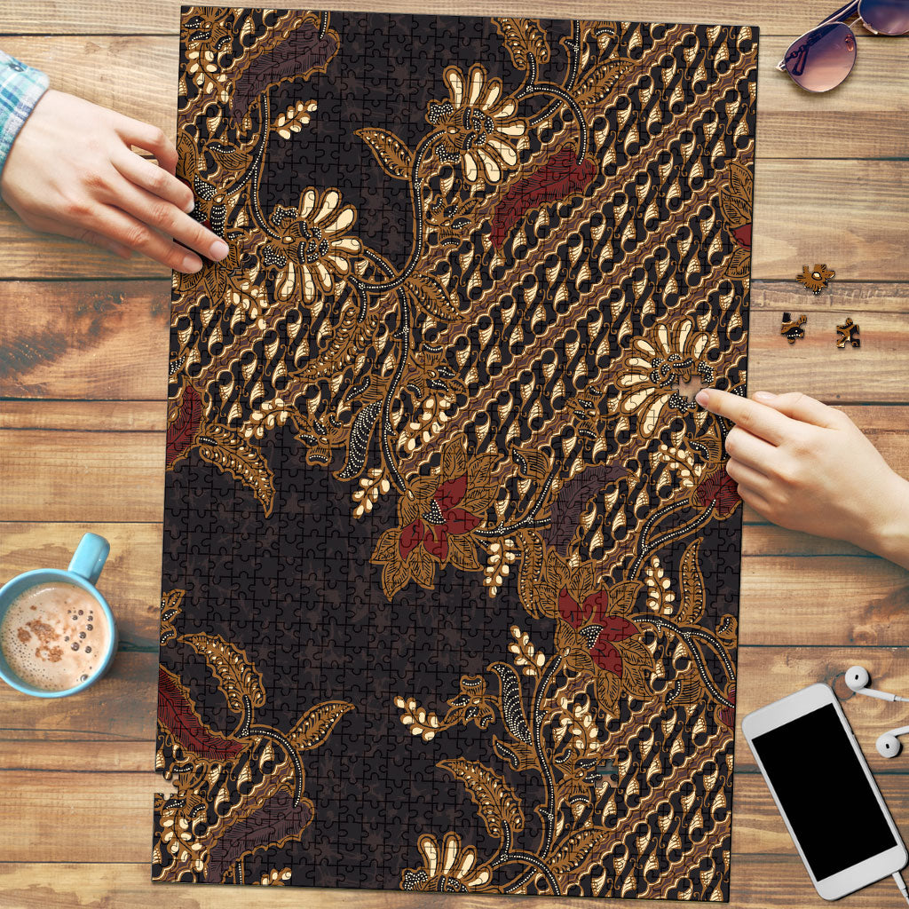 Indonesian Parang Batik Puzzle Brown Gold Floral Pattern