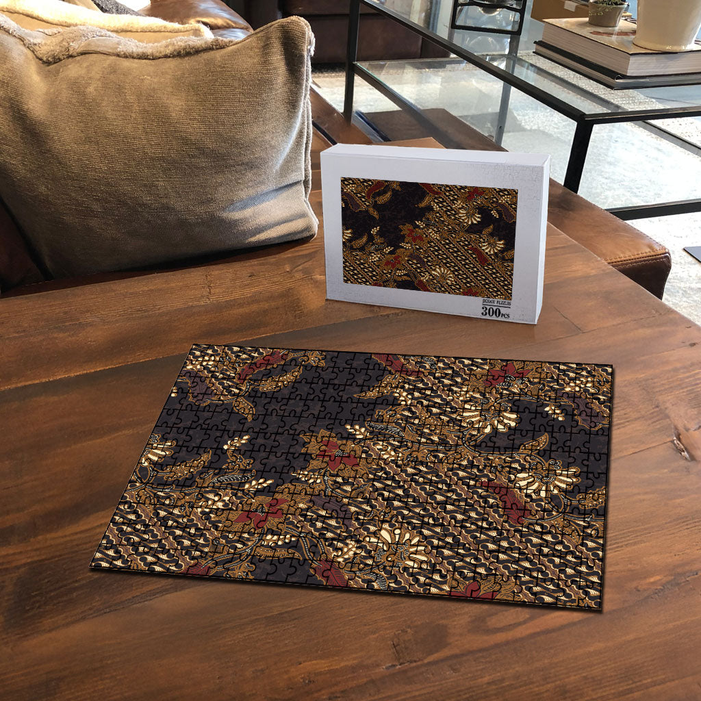 Indonesian Parang Batik Puzzle Brown Gold Floral Pattern