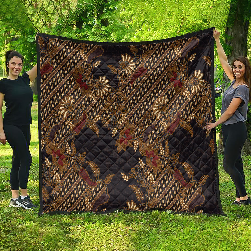 Indonesian Parang Batik Quilt Brown Gold Floral Pattern