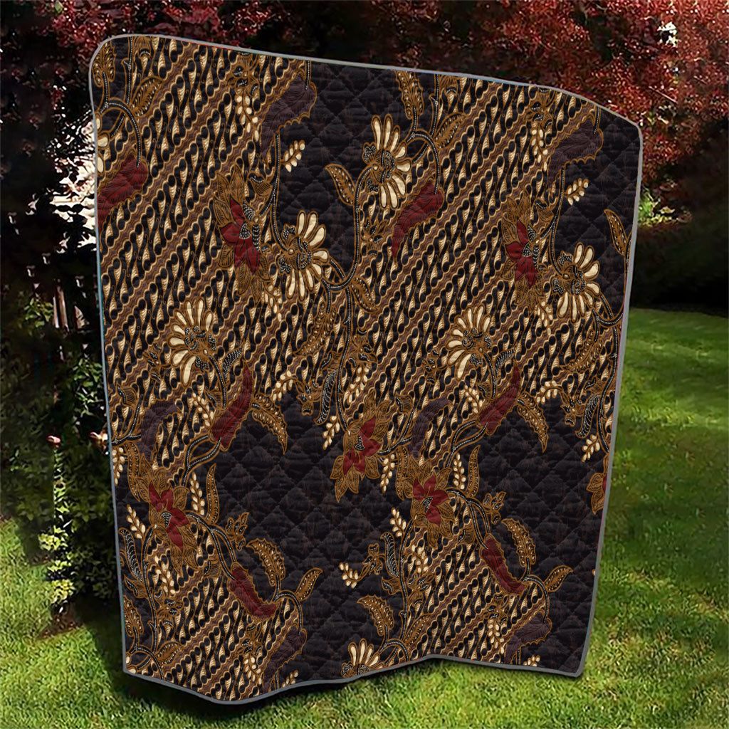 Indonesian Parang Batik Quilt Brown Gold Floral Pattern