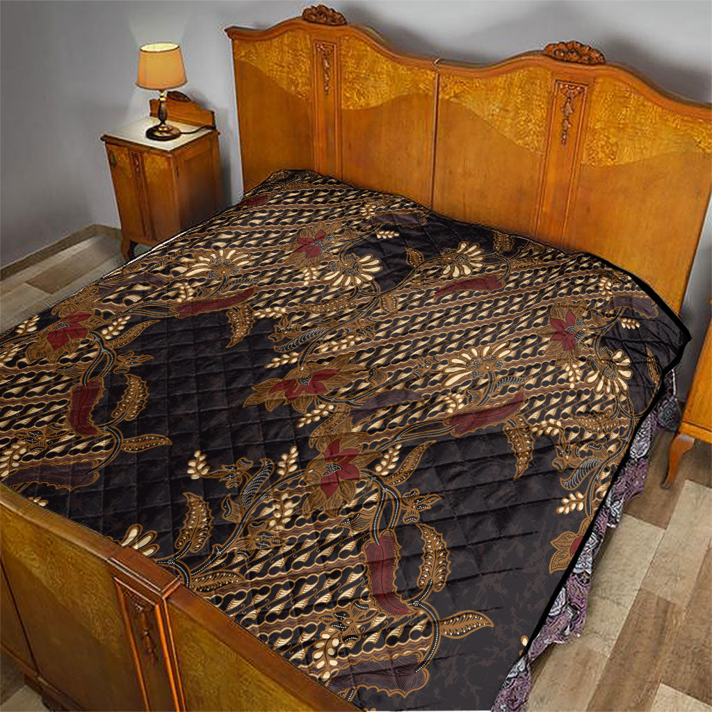Indonesian Parang Batik Quilt Brown Gold Floral Pattern