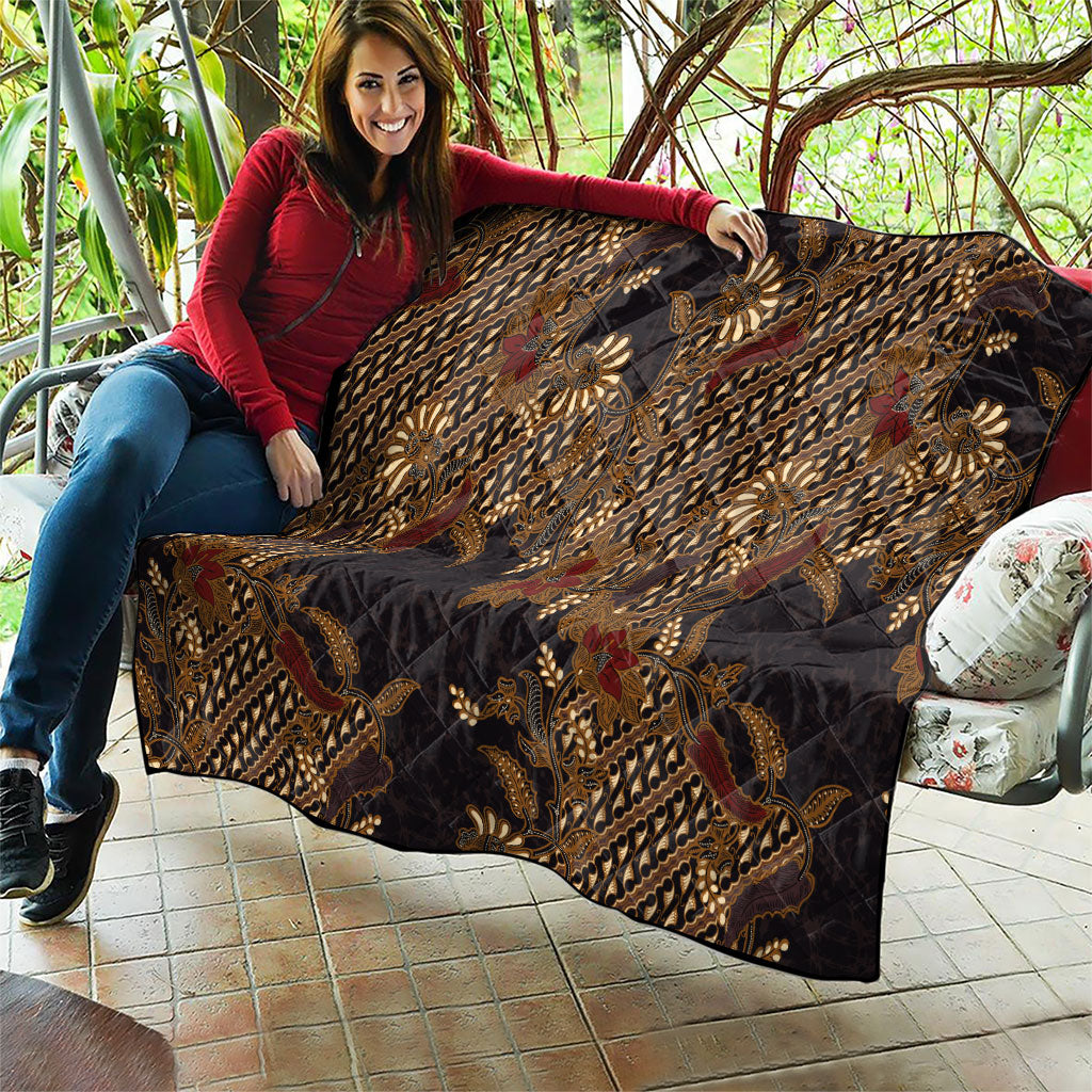 Indonesian Parang Batik Quilt Brown Gold Floral Pattern