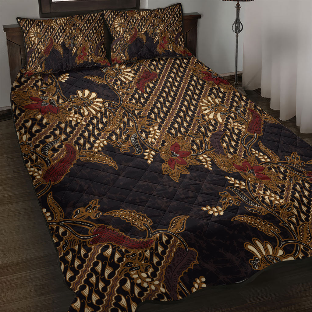 Indonesian Parang Batik Quilt Bed Set Brown Gold Floral Pattern