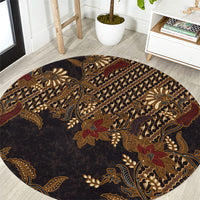 Indonesian Parang Batik Round Carpet Brown Gold Floral Pattern