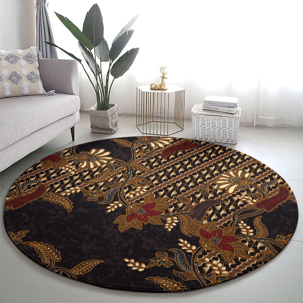Indonesian Parang Batik Round Carpet Brown Gold Floral Pattern