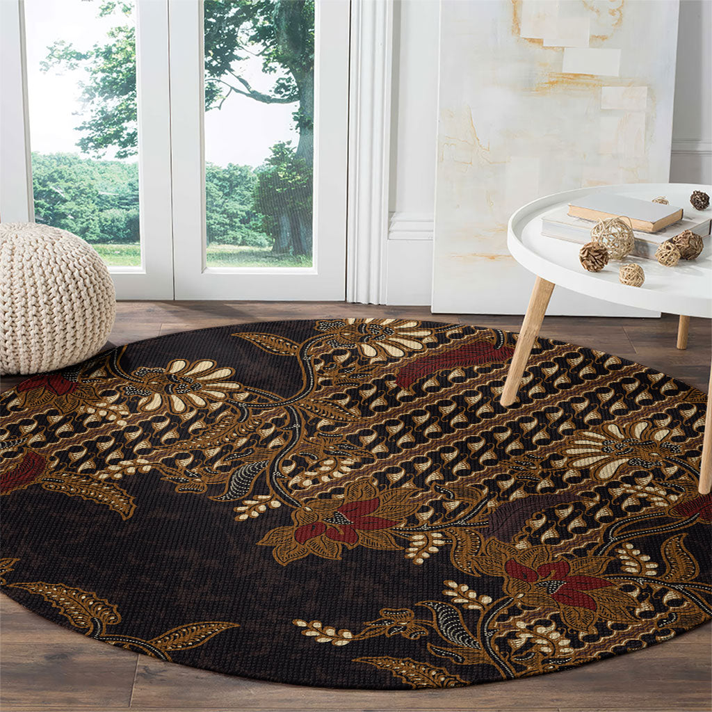 Indonesian Parang Batik Round Carpet Brown Gold Floral Pattern