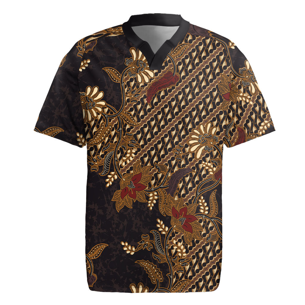 Indonesian Parang Batik Rugby Jersey Brown Gold Floral Pattern