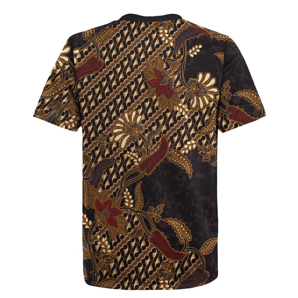 Indonesian Parang Batik Rugby Jersey Brown Gold Floral Pattern
