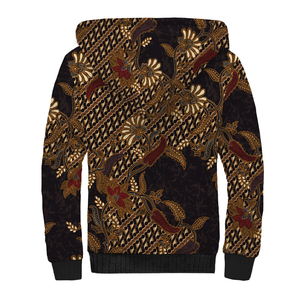Indonesian Parang Batik Sherpa Hoodie Brown Gold Floral Pattern