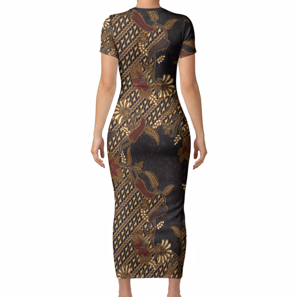Indonesian Parang Batik Short Sleeve Bodycon Dress Brown Gold Floral Pattern