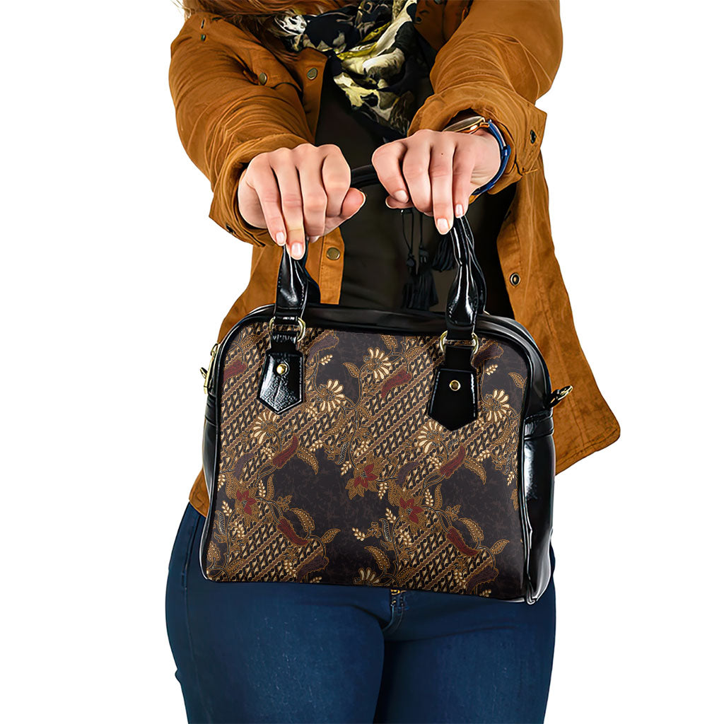 Indonesian Parang Batik Shoulder Handbag Brown Gold Floral Pattern