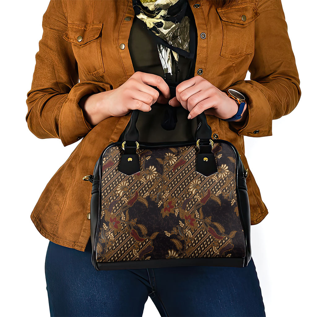 Indonesian Parang Batik Shoulder Handbag Brown Gold Floral Pattern