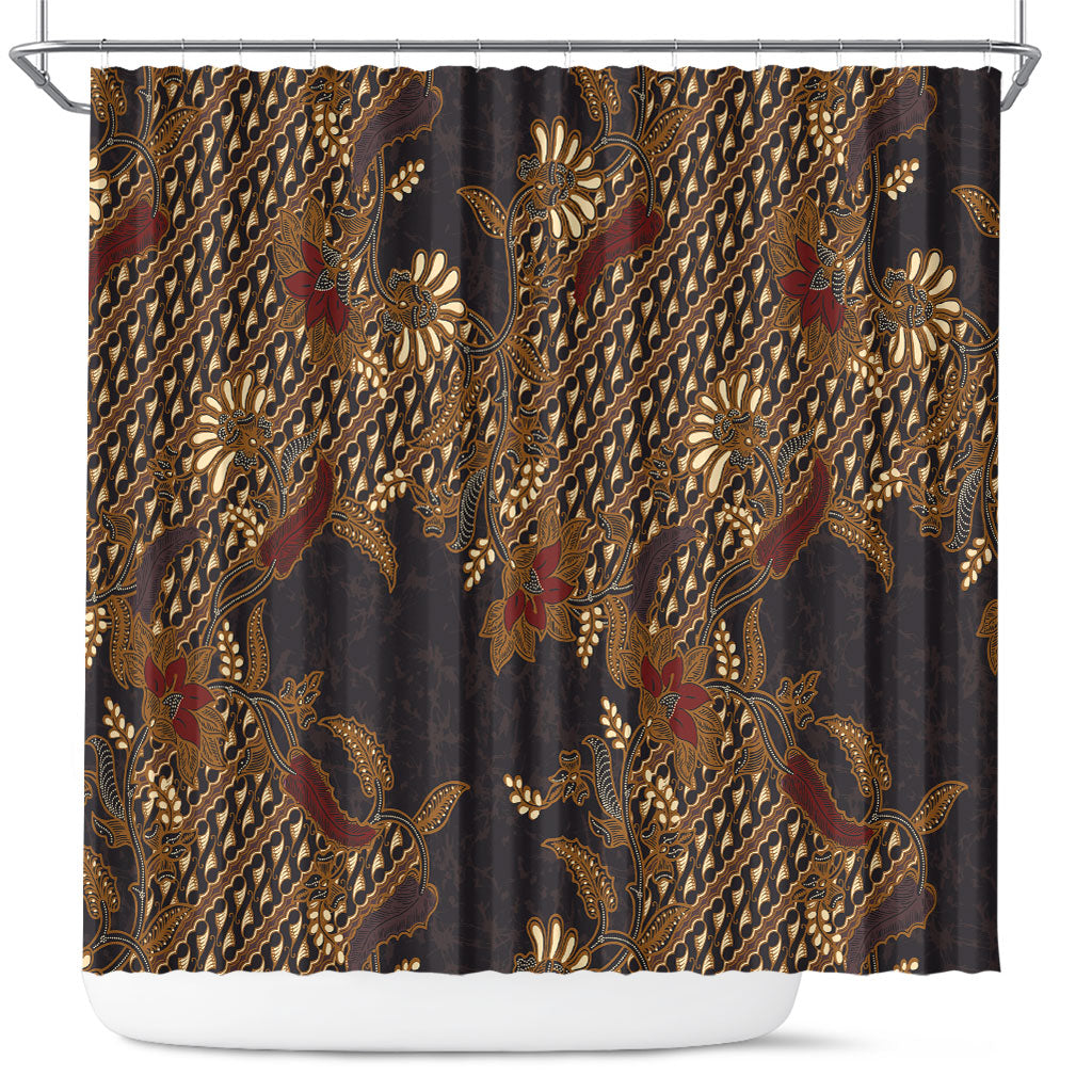 Indonesian Parang Batik Shower Curtain Brown Gold Floral Pattern
