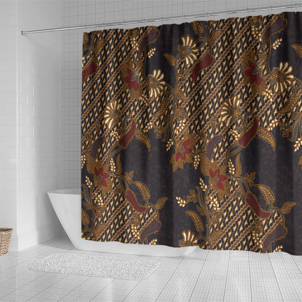 Indonesian Parang Batik Shower Curtain Brown Gold Floral Pattern