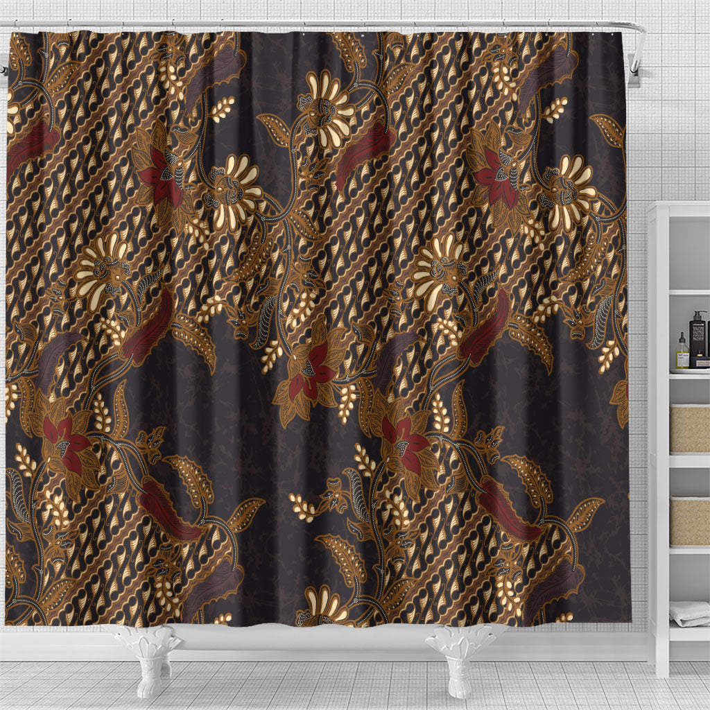 Indonesian Parang Batik Shower Curtain Brown Gold Floral Pattern