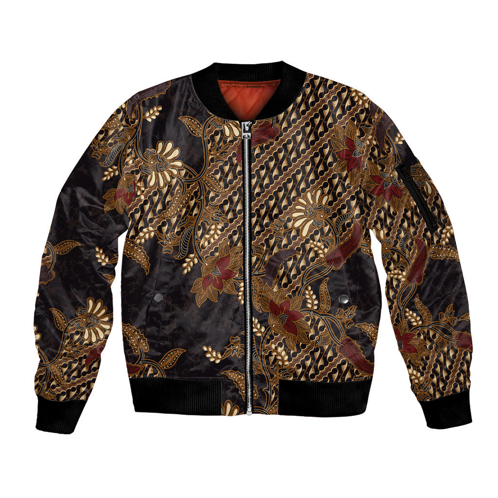 Indonesian Parang Batik Sleeve Zip Bomber Jacket Brown Gold Floral Pattern