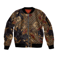 Indonesian Parang Batik Sleeve Zip Bomber Jacket Brown Gold Floral Pattern