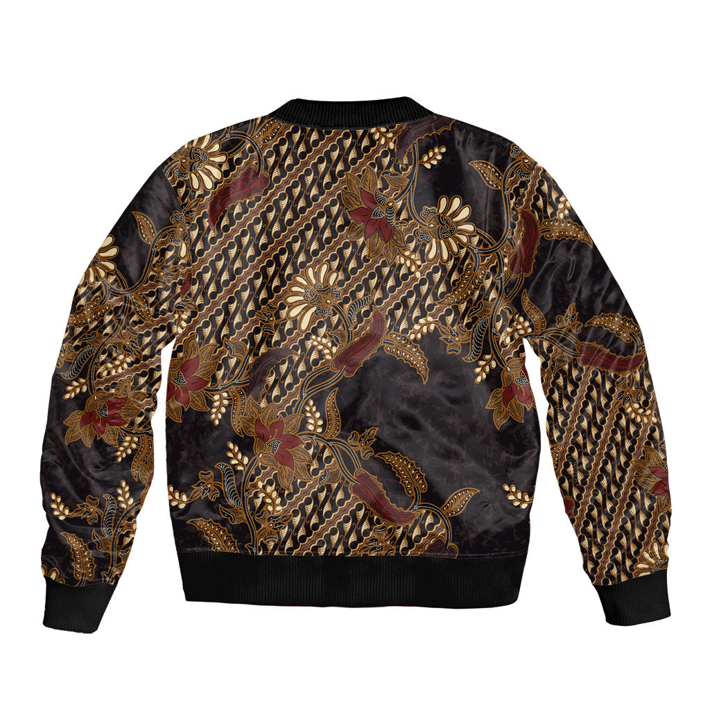 Indonesian Parang Batik Sleeve Zip Bomber Jacket Brown Gold Floral Pattern