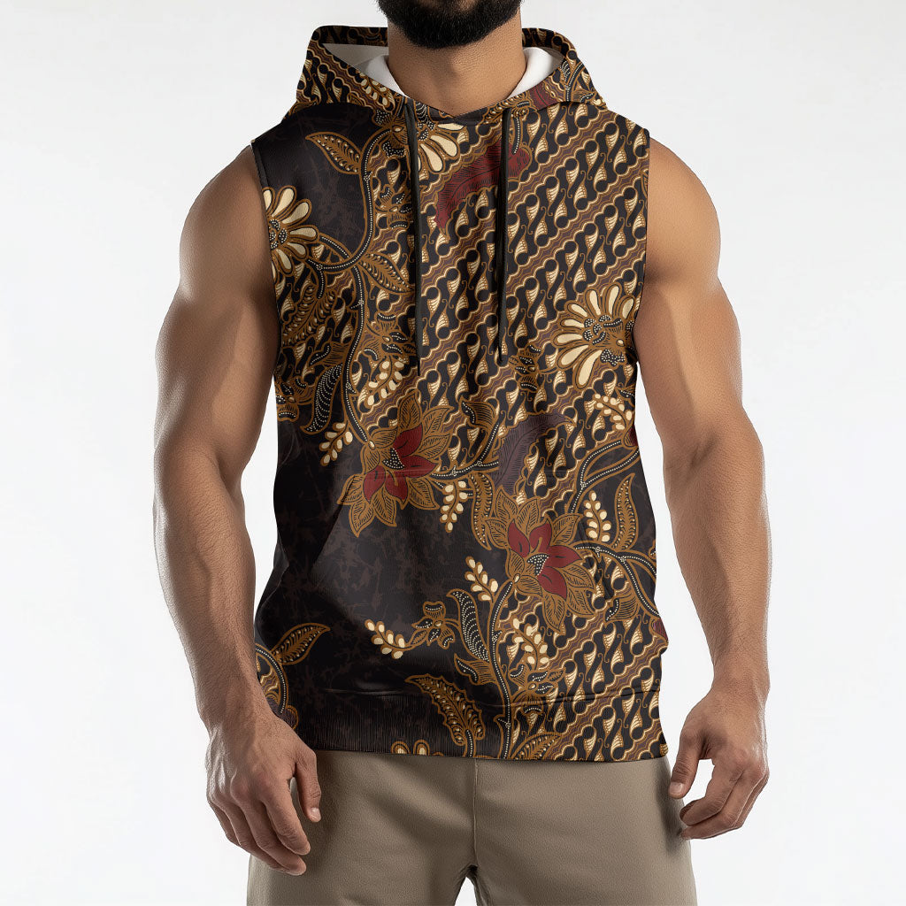 Indonesian Parang Batik Sleeveless Hoodie Brown Gold Floral Pattern