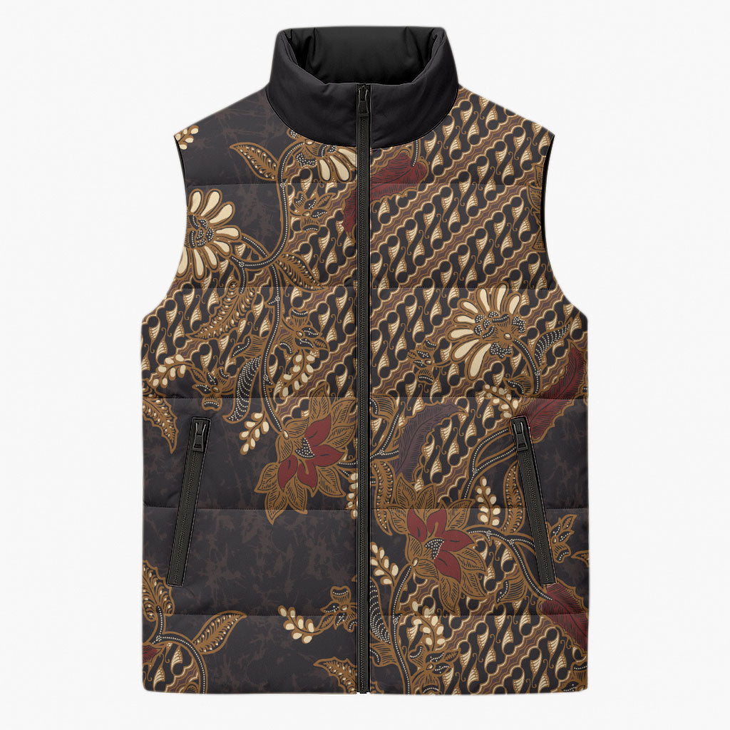 Indonesian Parang Batik Sleeveless Puffer Jacket Brown Gold Floral Pattern