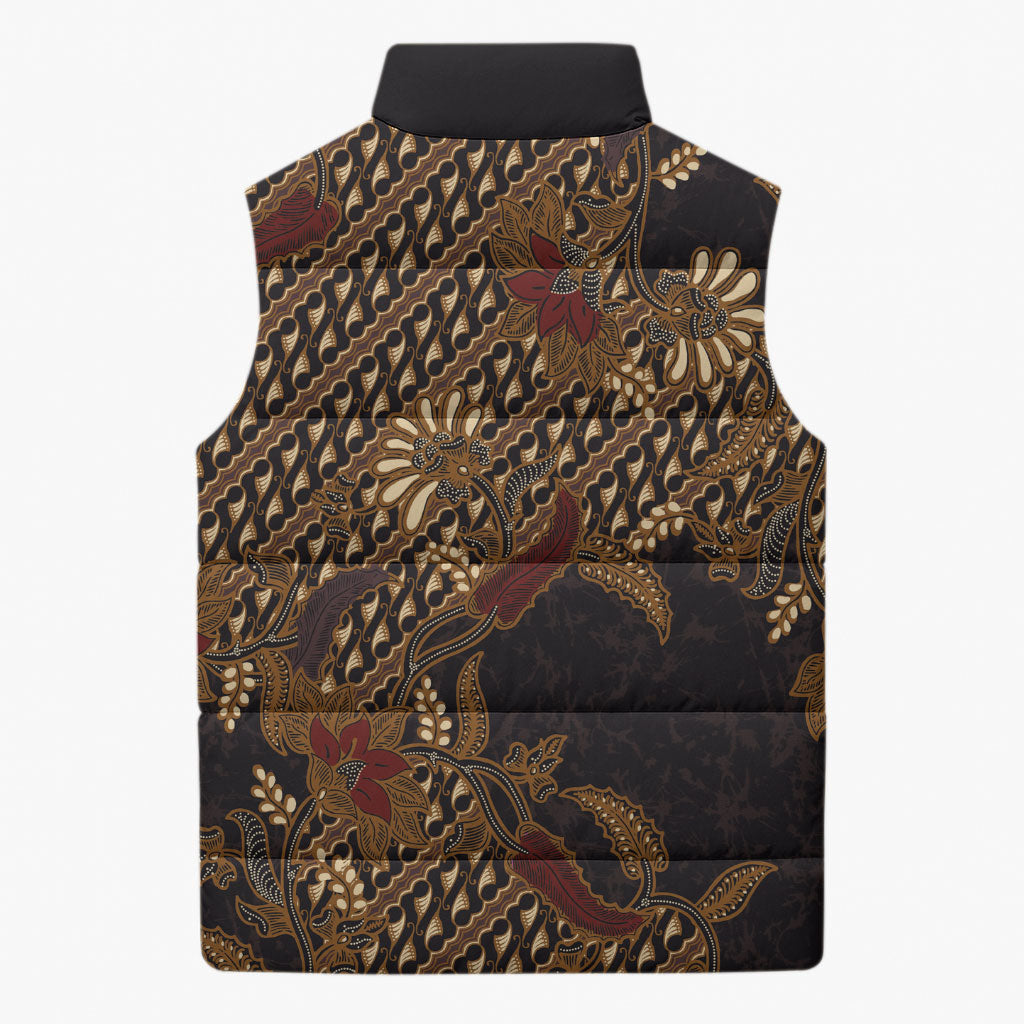 Indonesian Parang Batik Sleeveless Puffer Jacket Brown Gold Floral Pattern